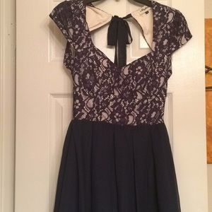 Navy with lace keyhole back knee length dress